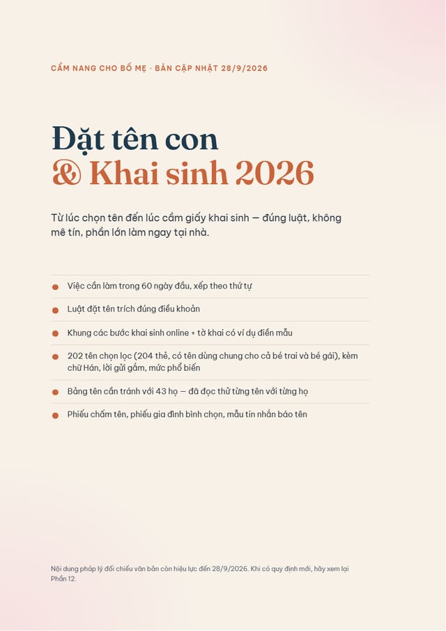 Bìa cẩm nang Đặt tên con và Khai sinh 2026